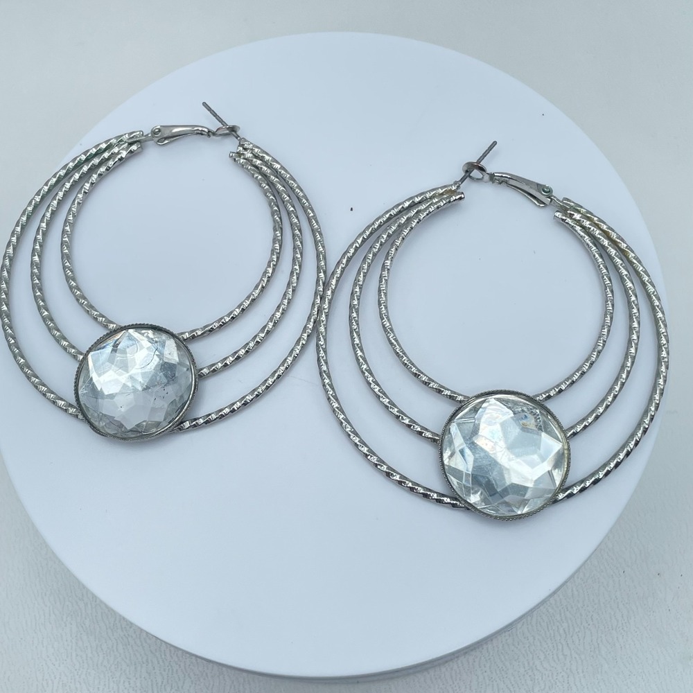 Vintage 80s Silver Tone Triple Hoop Earrings Clear Glass Women's Classic Jewelry
